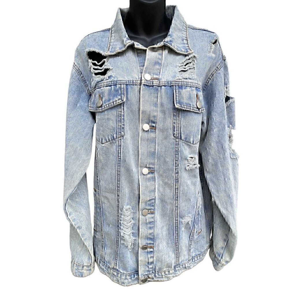 Umgee Distressed Oversized Faded Blue Jean Button Up Jacket Women’s L GRUNGE